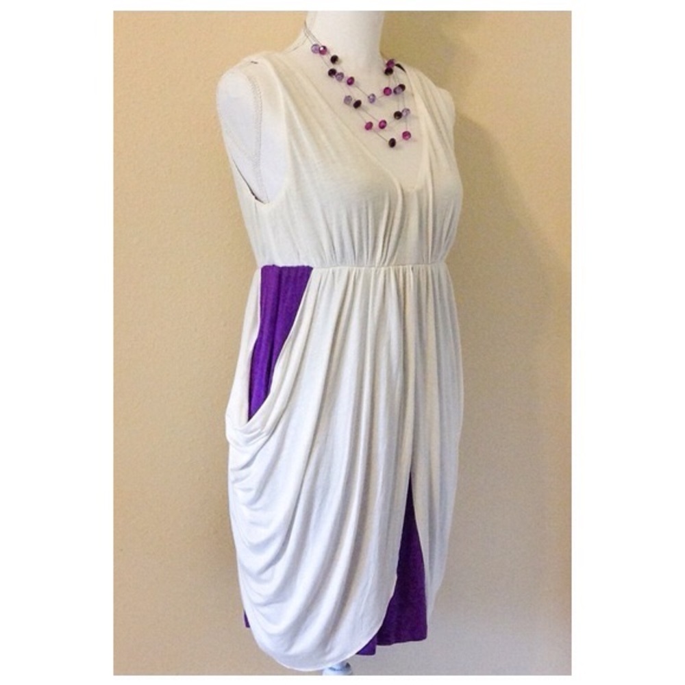 🆕 Gorgeous Goddess White Purple BiColor Deep V Sleeveless Dress Sz MED NWT
